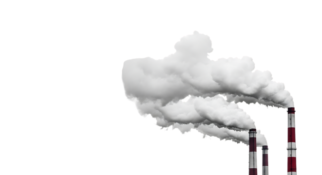 Smokestacks, Industrial emitting thick white smoke plumes against a dark void, cutout, PNG isolated on white or transparent background