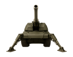 Portable self-propelled artillery featuring retractable support legs.