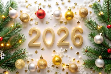 Golden 2026 numbers with festive christmas decorations and ornaments, isolated on white background