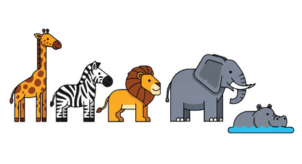African safari animals vector illustration featuring a cute giraffe, striped zebra, playful lion, large elephant, and friendly hippo standing together, isolated on a clean white background.