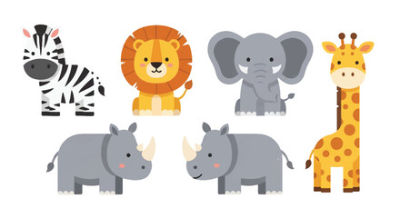 Cute safari animals, including a zebra, lion, elephant, rhino, and giraffe, depicted together in a vibrant flat 2D vector illustration isolated on a pure white background.