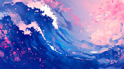 日本画風の青い波と桜の花が舞う抽象的なイラスト背景