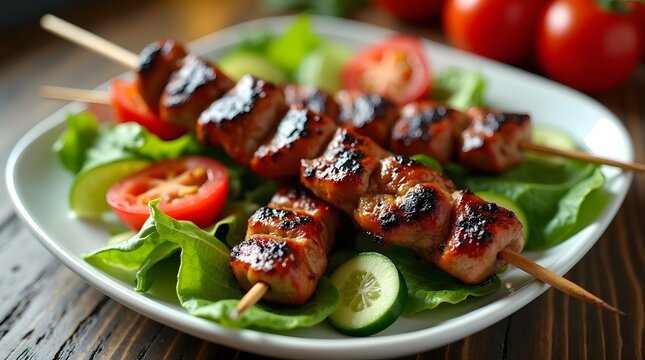 Delicious grilled meat skewers served with fresh green salad and sliced tomatoes