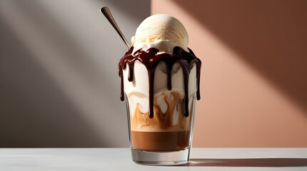 Classic vanilla ice cream sundae with chocolate syrup and a spoon in a glass