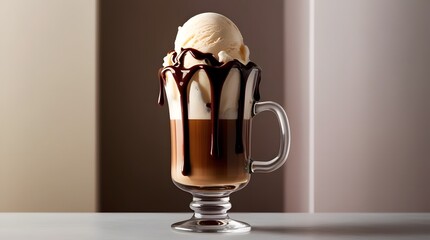 Sweet treat iced coffee with vanilla ice cream and rich chocolate syrup in a clear mug