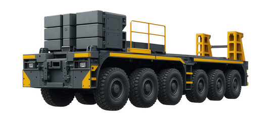 Multi-axle heavy transport vehicle with modular platform and ballast system.