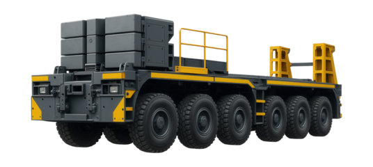 Multi-axle heavy transport vehicle with modular platform and ballast system.
