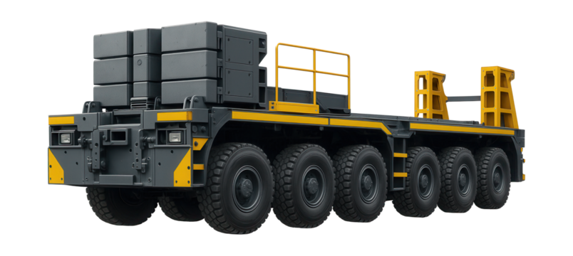 Multi-axle heavy transport vehicle with modular platform and ballast system.