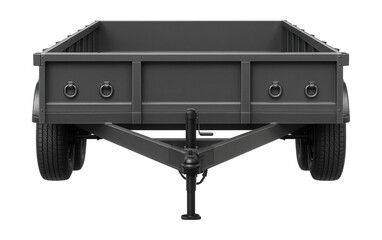 Open-top trailer with side stake pockets and D-ring tie-downs for secure transport.