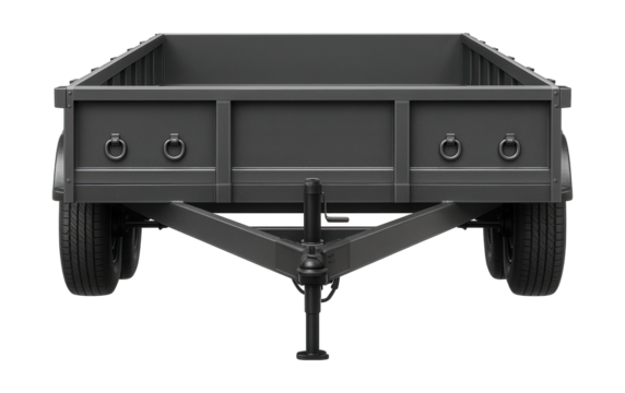 Open-top trailer with side stake pockets and D-ring tie-downs for secure transport.