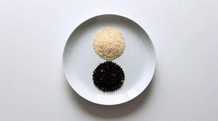 White and black sesame seeds arranged on a plate, isolated on white background