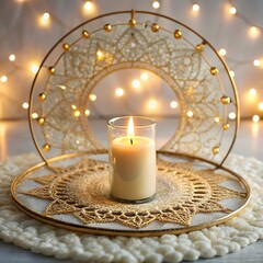 Warm glowing candle on a decorative mat with festive string lights in the background