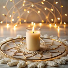 Warm glowing candle on a decorative mat with festive string lights in the background