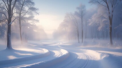 Snowy winter forest path at sunrise with frostcovered trees and soft light