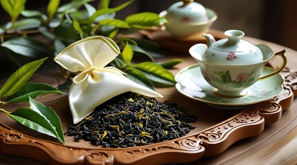 Artful arrangement of loose leaf tea, fresh green leaves, and classic teaware on a decorative tray