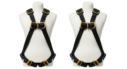 Safety Harnesses, Two black with gold metal buckles on white mannequins, cutout, PNG isolated on white or transparent background