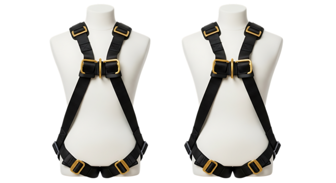 Safety Harnesses, Two black with gold metal buckles on white mannequins, cutout, PNG isolated on white or transparent background