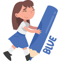 Happy young girl in school uniform holding a large blue crayon with the word blue written on it isolated on white background