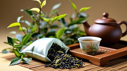 Traditional chinese tea ceremony setup with teapot, cup, and loose tea leaves