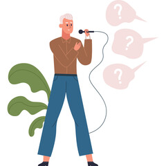 Elderly Man With Microphone Expressing Confusion With Question Marks In Speech Bubbles In A Minimalist Design On Transparent Background