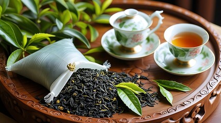 Loose leaf tea, fresh leaves, and brewed tea in traditional cups on a wooden tray