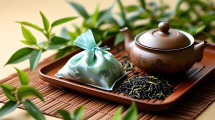 Elegant tea set with a clay teapot, loose tea, and a tea pouch on a wooden tray