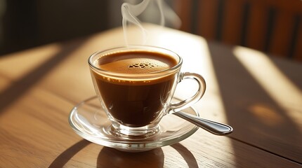 Steaming hot coffee in a clear glass cup on a wooden table illuminated by sunlight