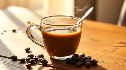 Steaming cup of fresh coffee with scattered beans on a rustic wooden table in morning light