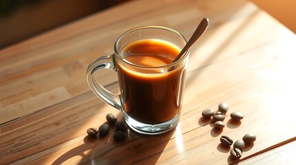 Freshly brewed coffee in a glass mug with coffee beans on a rustic wooden table