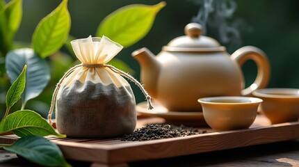 Traditional tea setting with a natural tea bag, teapot, and cups amidst green leaves