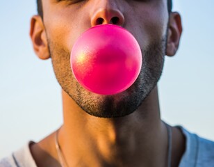 Close-up of a young man with stubble blowing a large, bright pink bubble with chewing gum outdoors.