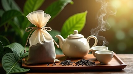 Traditional tea ceremony setup with steaming hot beverage, teapot, and tea leaves