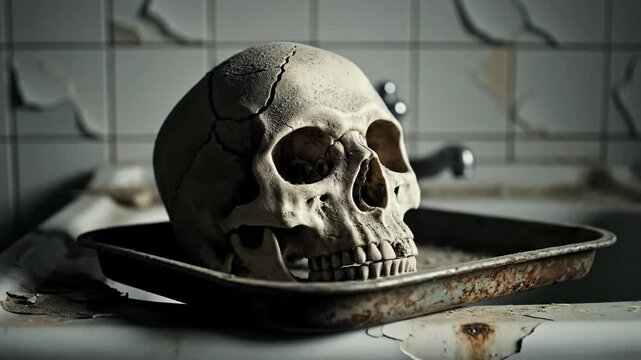 Human skull in a tray on a sink concept of mortality and decay