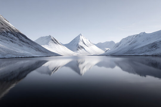 mountain lake scene, tranquil alpine lake mirrors snow-capped mountains, creating serene ambiance with soft light