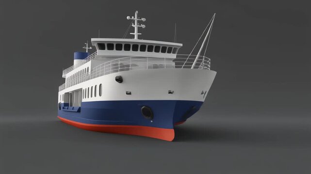 A detailed 3D render of a passenger and vehicle ferry boat with a blue hull and white superstructure, viewed from the front.