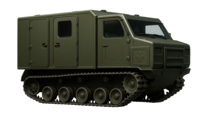 Tracked evacuation vehicle with spacious side doors and built-in medical gear storage.
