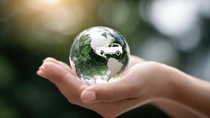 Human hand holding a digital earth globe with electric vehicle overlay. Sustainable transportation, ecology and environment protection concept - Powered by Adobe