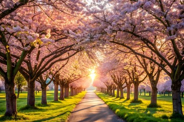 Scenic pathway lined with pink cherry blossom trees bathed in golden hour light