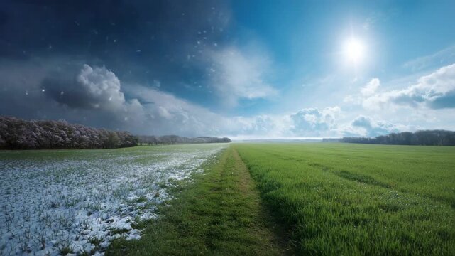 A field divided between summer and winter landscapes, with blue sky