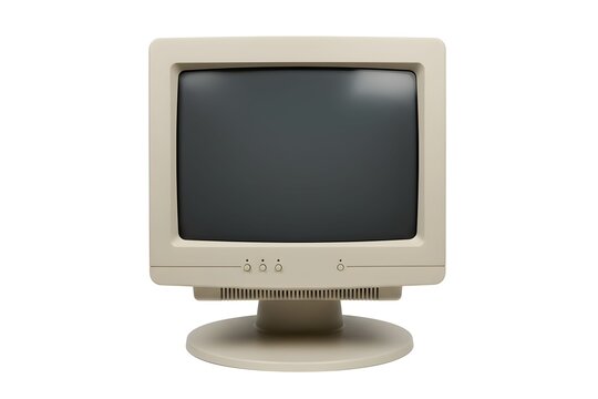 A vintage computer monitor with a beige frame and a blank, dark screen, centered on a white background.