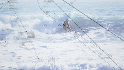Male surfer dropping into rising shoreline wave HUD sports data tracking carving and keeping speed - Powered by Adobe