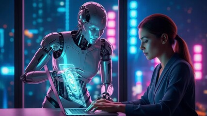 Confident businesswoman collaborates with AI robot on futuristic digital interface for innovation - Powered by Adobe
