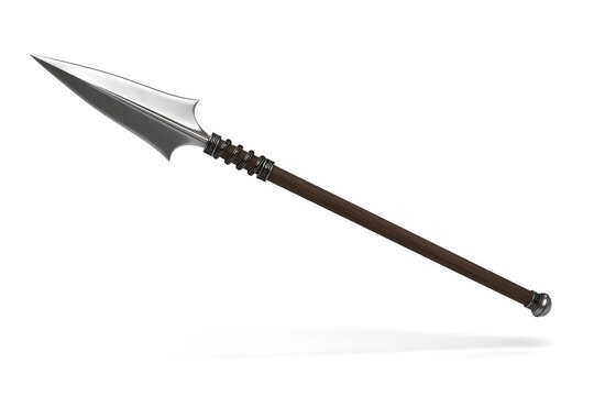 A spear with a silver head and a brown shaft is displayed on a white background.