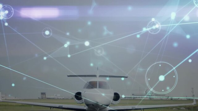 Small business jet after taxi clearance, taxiing toward runway while digital overlay sweeping frame