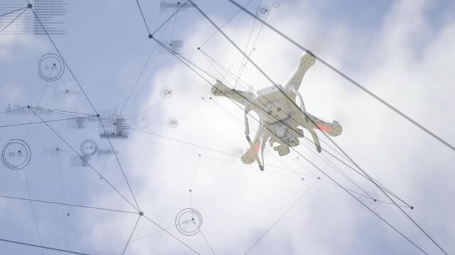 HUD activating network overlay, white drone rotating and descending while mapping sky connectivity