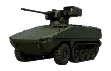 Armored vehicle with remote weapon system and thermal imaging capabilities.