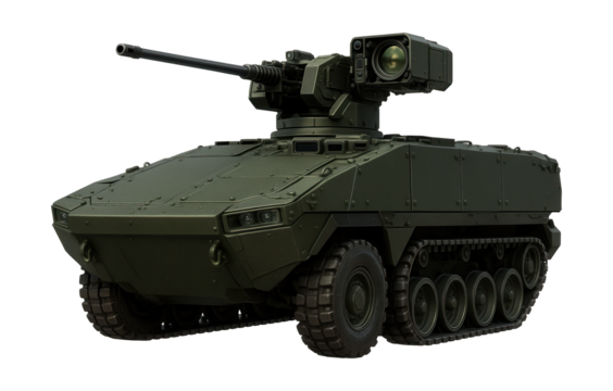 Armored vehicle with remote weapon system and thermal imaging capabilities.