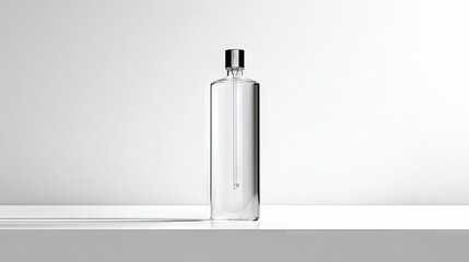 A clear glass bottle with a silver cap stands upright on a white surface, illuminated by soft studio lighting against a plain white background.