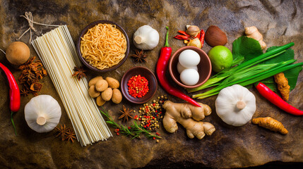 spice. Assortment of fresh Asian ingredients displayed on a rustic stone surface, captured from above. menu design, packaging mockups, designed for culinary blogs and recipe cards for restaurants.