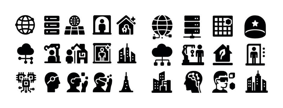 Set of black icons: cloud, cityscape, virtual reality, database, robotics